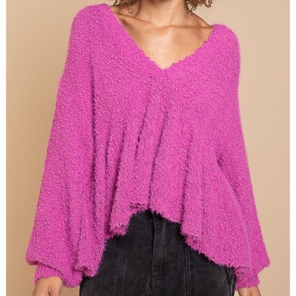Hot Pink Magenta Balloon Sleeves Popcorn Sweater - Picture 2 of 11